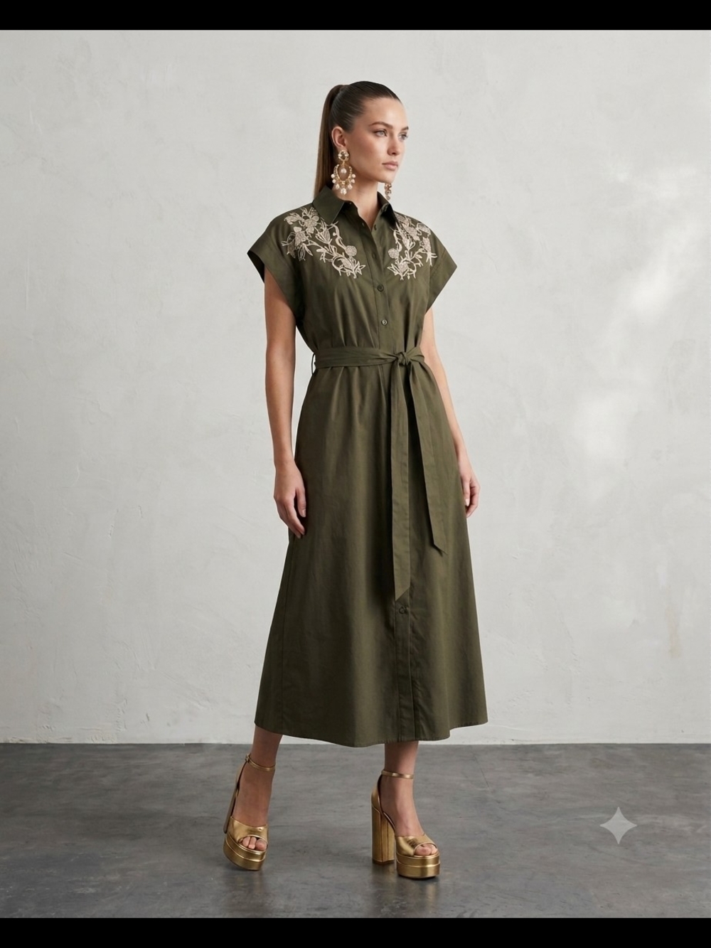 F&F Olive Shirt Midi Dress with Ivory Embroidery